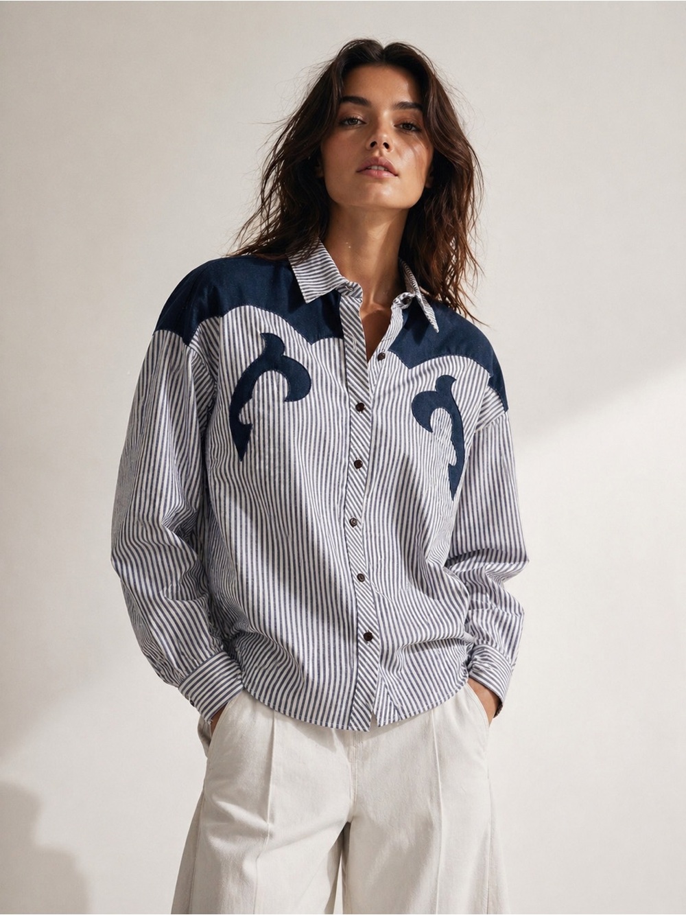 Vintage Western Circle T Navy & White Striped-Yoke free people Shirt Medium M